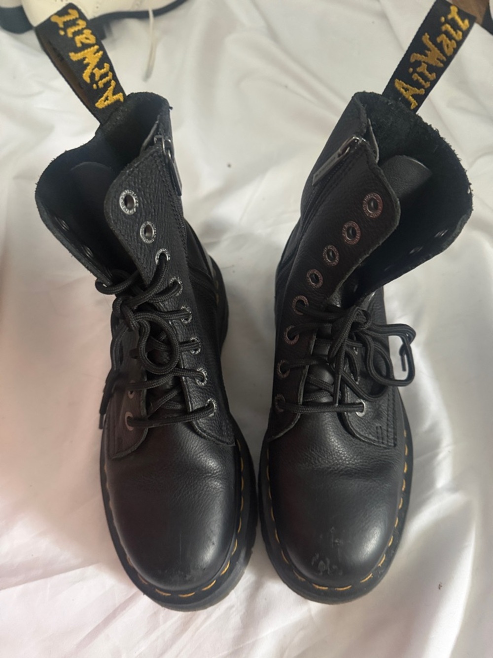 Dr. Martens Black Leather Lace-Up Boots with Yellow Stitching